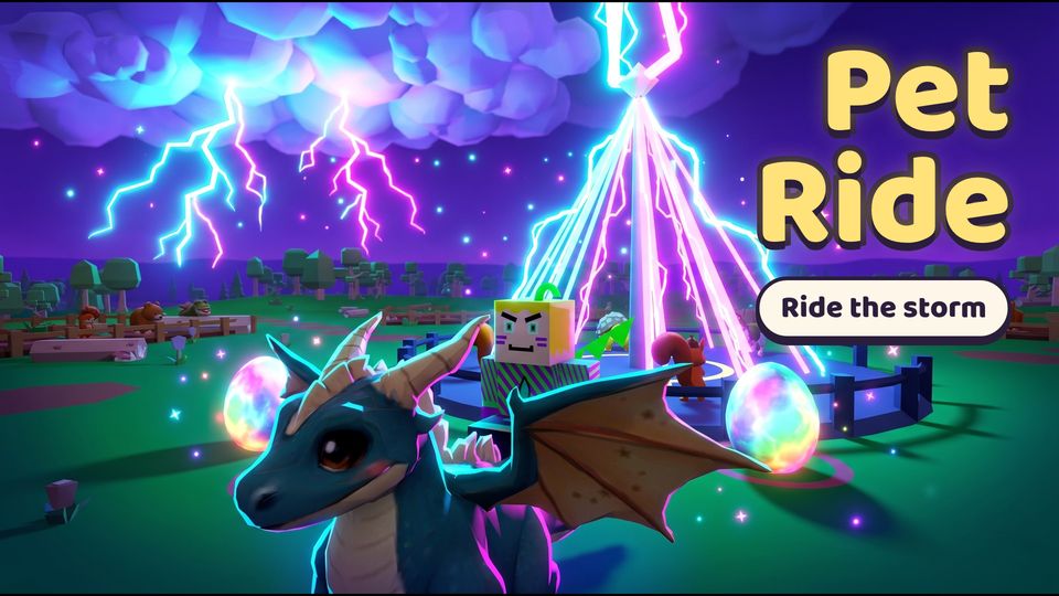 Pet Ride gameplay: riding a dragon pet in a lightning storm next to glowing eggs